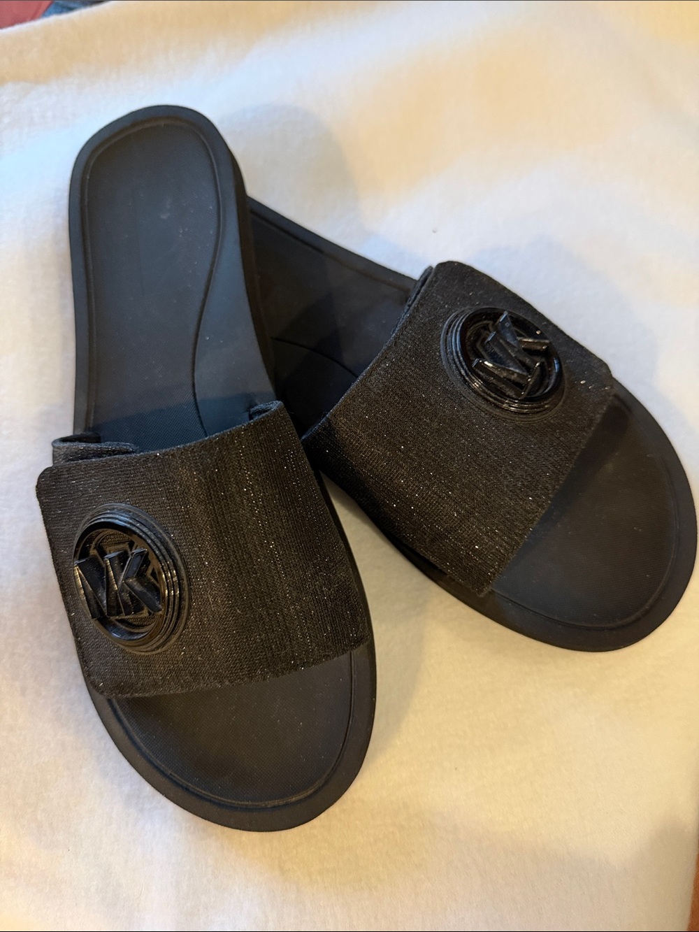 Michael Kors Black Slide Sandals 3D Logo Emblem glitter adjustable velcro 9 9M